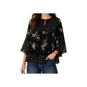 Anthro Maeve Steffy Bell Sleeves Floral Black Top S Boho Romantic Cottagecore